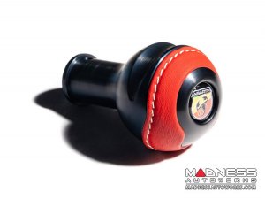 FIAT 500 Gear Shift Knob - Black Italy - Black Base/ Red Leather Top + ABARTH Logo - V2